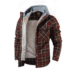 Men's Warm Plaid Hooded Jacket with Fleece Lining - Snap Button Closure - Farefe