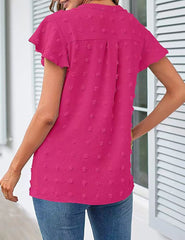 Women V Neck Ruffle Short Sleeve Chiffon Blouse Dot Flowy Shirt Top