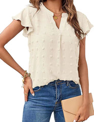 Women V Neck Ruffle Short Sleeve Chiffon Blouse Dot Flowy Shirt Top