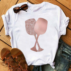 Kawaii Rose Gold Wine Glass T-shirt - Casual Printing Short Sleeve