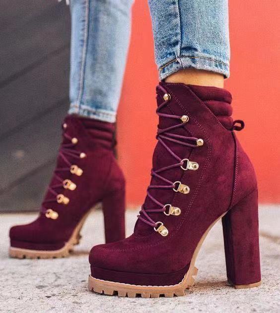 Heeled Lace-Up Mid-Calf Boots for Women - Round Toe, High Heel. - Farefe