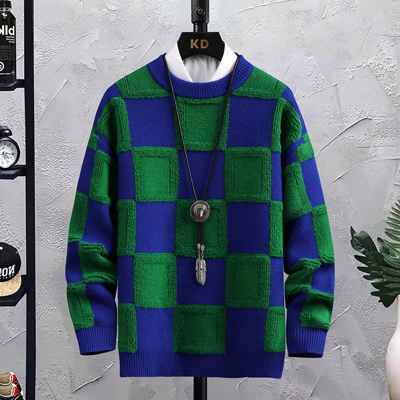 Men's Trendy Plaid Round Neck Sweater Loose Fit - Stylish and Comfortable Acrylic Fabric - Available in Multiple Colors - Sizes M-XXXL - Farefe