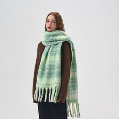 Women's White and Green Plaid Scarf - Keep Warm with Style | 42x225cm, Polyester, Mid-Length