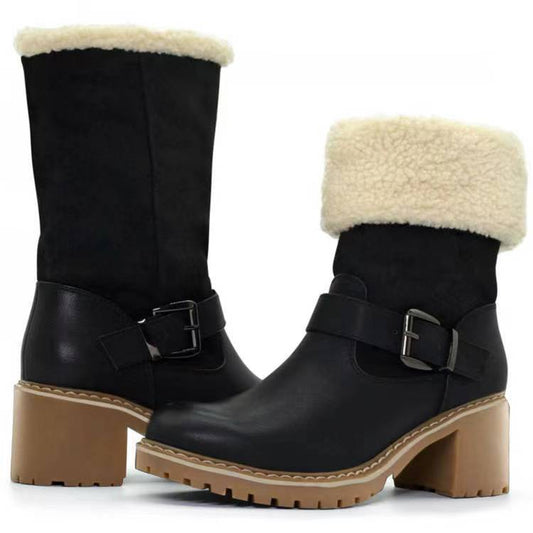 Fashion Buckle Chunky Heel Winter Round Toe Western Boots for Women - Farefe