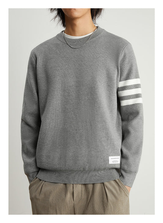 Men's Gray Striped Pullover with Round Neck - Stylish and Comfortable - Farefe