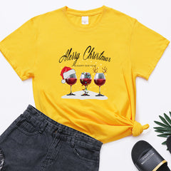 Christmas Three Wine Glasses Print Short Sleeve - Sweet Style Polyester Shirt - Farefe