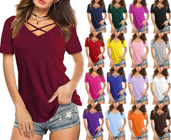 Front Cross VNeck Short Sleeve Loose TShirt Women - Casual Cotton Blend Plain Top in Multiple Colors
