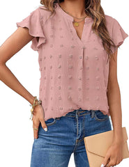 Women V Neck Ruffle Short Sleeve Chiffon Blouse Dot Flowy Shirt Top