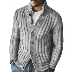 Men's Casual Single-breasted Knitted Sweater in Khaki or Grey - Ribbed Bottom Hem - Sheep Wool and Acrylic Blend - Available in Sizes S-4XL