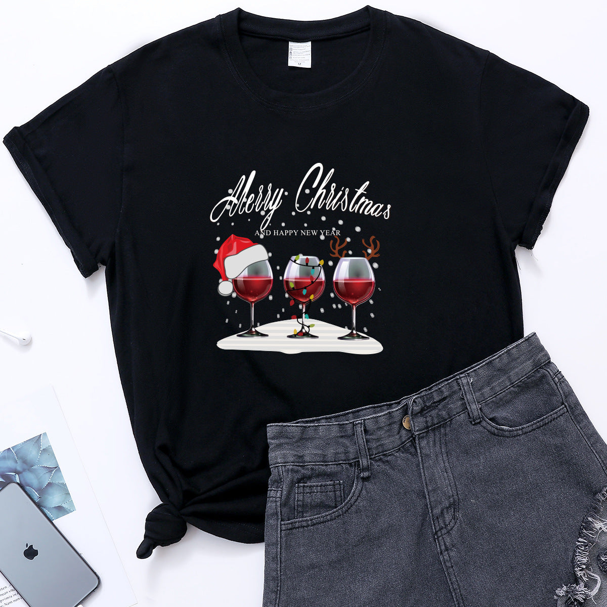 Christmas Three Wine Glasses Print Short Sleeve - Sweet Style Polyester Shirt - Farefe