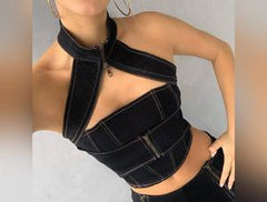 Women's Crimp Halter Cutout Crop Top - Fashionable and Simple Style - Solid Color - Black