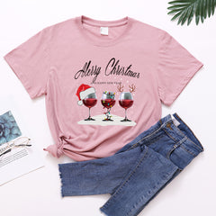 Christmas Three Wine Glasses Print Short Sleeve - Sweet Style Polyester Shirt - Farefe