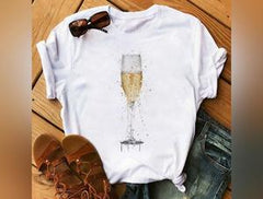 Kawaii Rose Gold Wine Glass T-shirt - Casual Printing Short Sleeve
