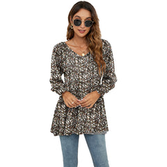 Women's Long Sleeve V-Neck Blouse with Puff Sleeves and Flowers Print - Casual Babydoll Tops - Farefe