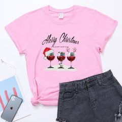 Christmas Three Wine Glasses Print Short Sleeve - Sweet Style Polyester Shirt - Farefe