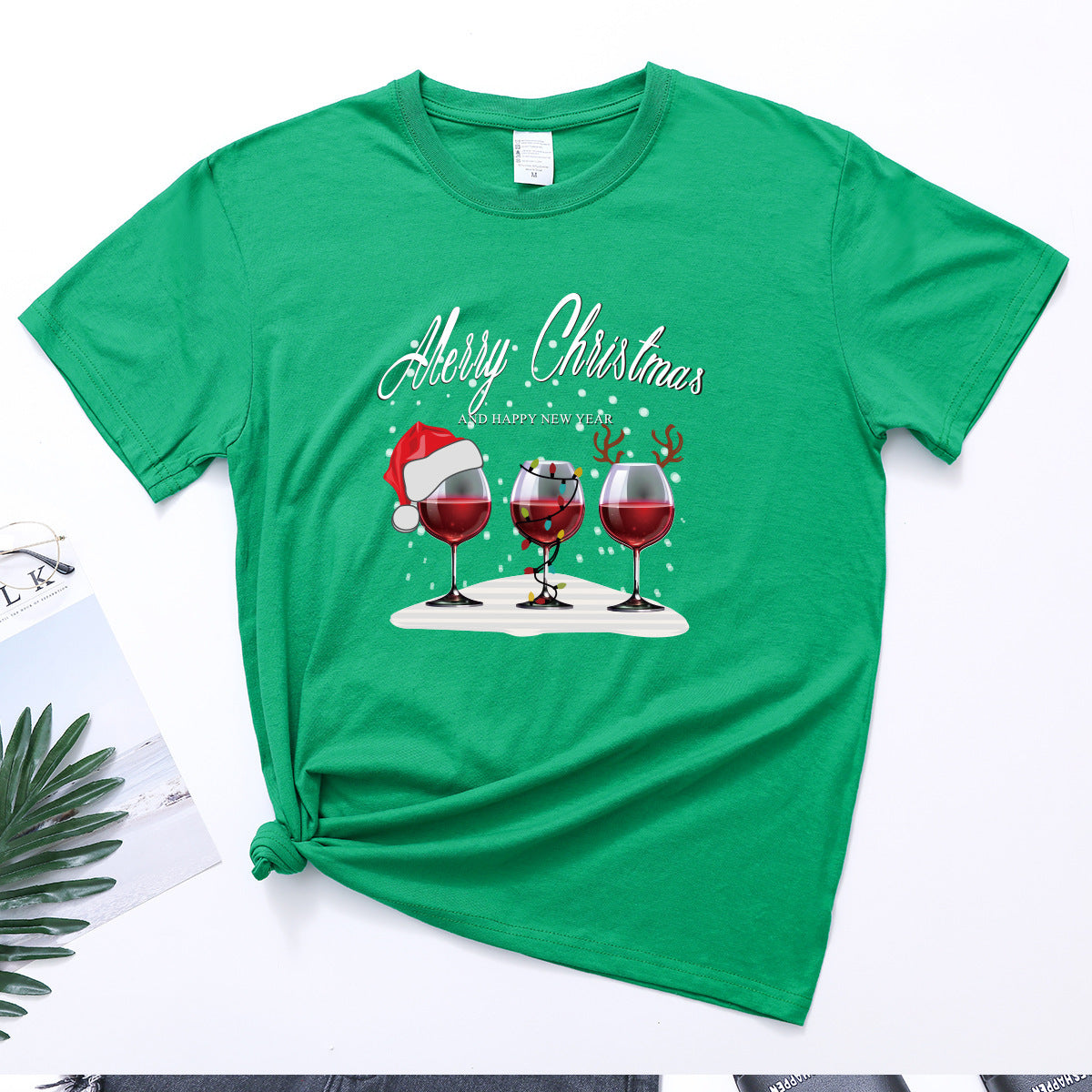 Christmas Three Wine Glasses Print Short Sleeve - Sweet Style Polyester Shirt - Farefe