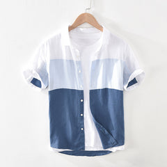 Men's Patchwork Linen Short Sleeve Shirt - Japanese Fresh Style, Loose Cardigan, Square Collar, Color Matching Pattern, White, M-3XL Sizes