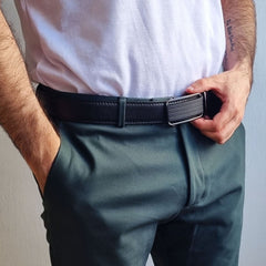 Men's Leather Ratchet Belt with Slide Buckle - Adjustable Size - Made in USA