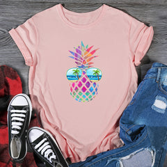 Eye Pineapple Print T-shirt - Women's Cotton Short Sleeve Loose Fit White Tee