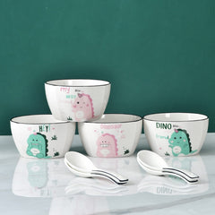 Cute Cartoon Dinosaur Ceramic Bowls And Dishes - Set of 4 Bowls and Spoons - Farefe