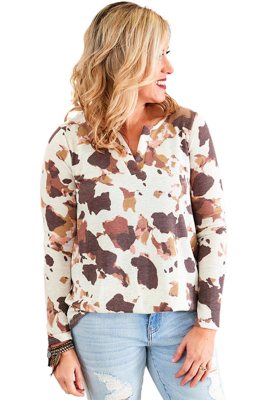 Cow Pattern Half Cardigan Blouse Women - Casual Loose Long Sleeve, V-Neck, Polyester Fiber