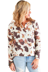 Cow Pattern Half Cardigan Blouse Women - Casual Loose Long Sleeve, V-Neck, Polyester Fiber