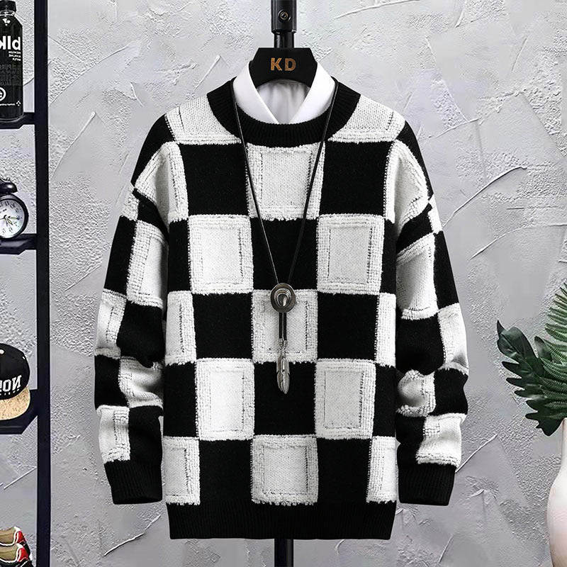 Men's Trendy Plaid Round Neck Sweater Loose Fit - Stylish and Comfortable Acrylic Fabric - Available in Multiple Colors - Sizes M-XXXL - Farefe