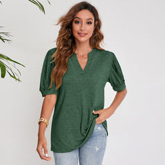 Women's Pleated Puff Sleeve Tops V Neck T Shirts Casual Loose Blouses