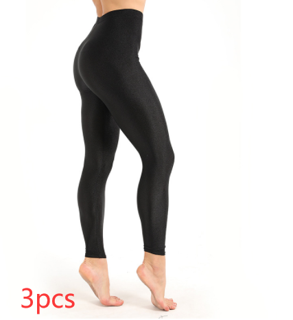 Women's Workout Leggings Casual Shiny Glossy High Waist Shorts, Thin Section, Rabbit Hair, Black - Farefe