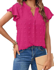 Women V Neck Ruffle Short Sleeve Chiffon Blouse Dot Flowy Shirt Top