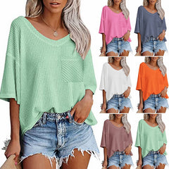 V-neck Women's Green Short Sleeve Tops with Patched Pocket