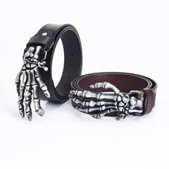 Men's Leather Belt Skull Palm Design Genuine Leather Smooth Buckle for Outdoor Riders