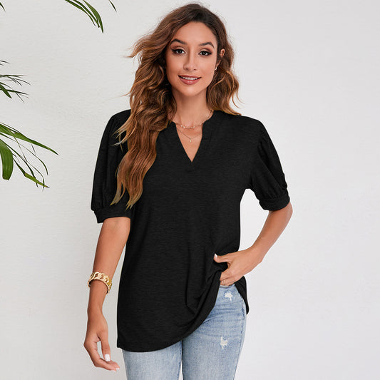 Women's Pleated Puff Sleeve Tops V Neck T Shirts Casual Loose Blouses