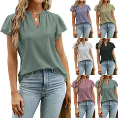 Jacquard V-neck Pile Sleeve Short Sleeve in Various Colors - Elegant and Versatile Fashion Choice