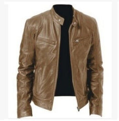 Slim PU Leather Jacket for Men - Business Style, Khaki/Brown/Black, S-5XL