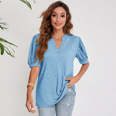 Women's Pleated Puff Sleeve Tops V Neck T Shirts Casual Loose Blouses