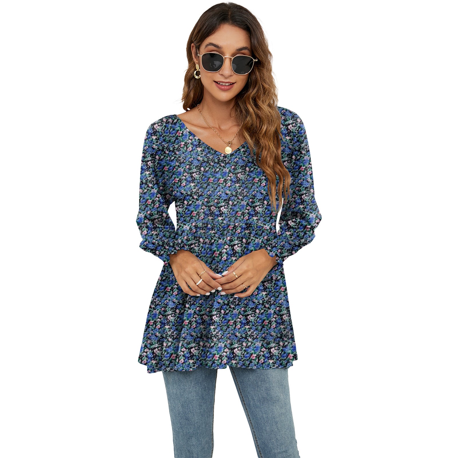 Women's Long Sleeve V-Neck Blouse with Puff Sleeves and Flowers Print - Casual Babydoll Tops - Farefe